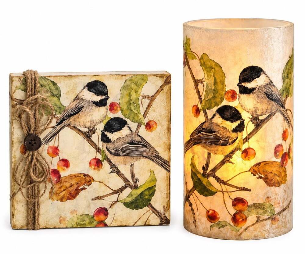 Chickadee Lighted Vase & Shelf Sitter Set | Rustic Bird Farmhouse Decor (LED Can